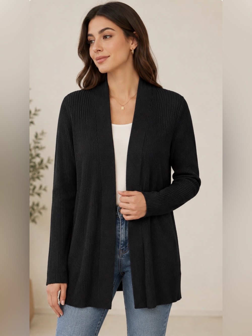 89th & Madison Black Ribbed Open Front Cardigan Sweater Women’s Long Sleeve Cozy
